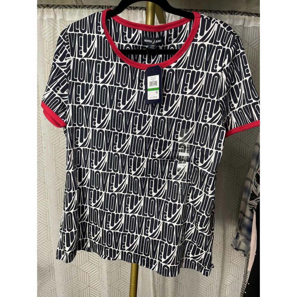 NWT Nautica Jeans Women's Top Sz L Love Boat Printed T-Shirt MSRP $39
